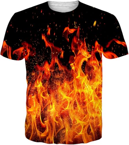 RAISEVERN Unisex Black T-Shirt Trend Burning Flame Printed Crew-Neck Short Sleeve Funny Tee for Men Women