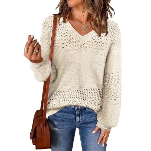 Womens Fall Lightweight V Neck Hollow Out Knitted Tops Long Sleeve Drop Shoulder Casual Loose Sweaters3