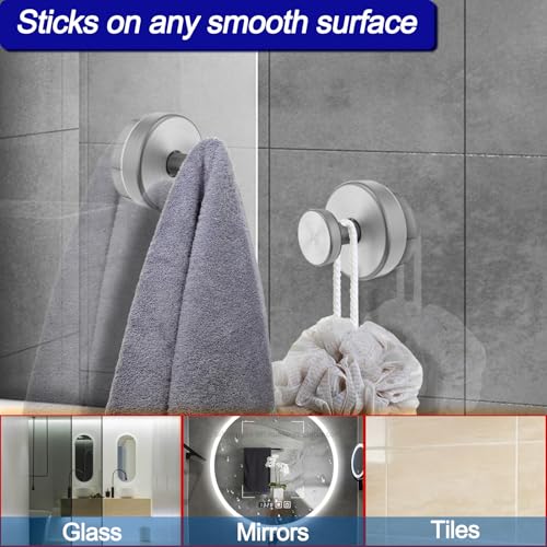 Image of Bntuk Suction Cup Hooks for Shower, Removable Towel Hooks for Bathroom Window Glass Door Wall, Bath Robe Looafh Hook for Hanging - 4 Pack, Silver