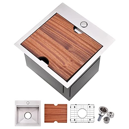 VALISY 15x15 inch 304 Stainless Steel Square Topmount Drop-In Small Workstation Kitchen Bar Sink,Single Basin Sink for Wet Bar Prep RV Yard Office with Dish Grid & Drain & Cutting Board