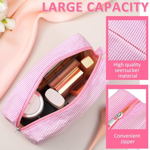 Sanwuta 3 Pcs Seersucker Cosmetic Bag Seersucker Makeup Bag Women Stripe Large Travel Toiletry Organizer Preppy Storage Pouch for Embroidery Wedding Bridesmaid Bride Mom Gift(Pink, Light Blue, Purple)3