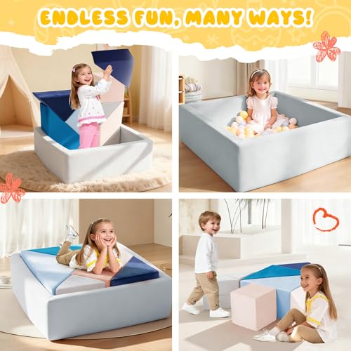 Jadoxy Modular Kids Play Couch Tangram Square Puzzles Sofa Furniture with Ball Pit Toddlers Couch Inspiring Child Creativity Children Building Fort Foam Sofa for Playroom Bedroom,Blue - Image 5