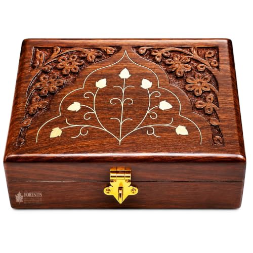 Image of Exquisitely Hand Brass-Filled Wooden OM Box for Good Luck| Jewellery Box (6X4 Inches, Crown)