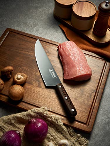 Umogi 8 Inch Chef & Bread Knife With Sheath & Steak Knives Set Of 8, Serrated Edge - Full Tang Natrual Wood Handle High Carbon German Stainless Steel - Fashion Style Gift Box #TOP2