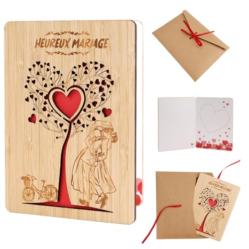 Sahunfri Cadeau Mariage en Bois avec Enveloppe, 10x15 cm Carte Mariage Félicitation, Carte Mariage en Bois avec Cœur à Offrir aux Mariés