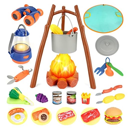 INSGUARD Kids Camping Toys Set, Pretend Play with Campfire, Play Cutting Food Toys Camping Gear with Lantern Flashlight for Kitchen Indoor Outdoor Camping Toys for Kids Toddlers Boys Age 3 4 5 6 7 8+