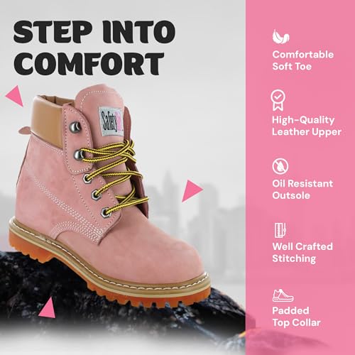 Image of Safety Girl Steel Toe Boots for Women - Pink - 7M | Water Resistant Women's Fusion Work Boots | Leather Work Boots | Rugged Goodyear Welt Construction | Oil Resistant Outsoles & Cushioned Insoles