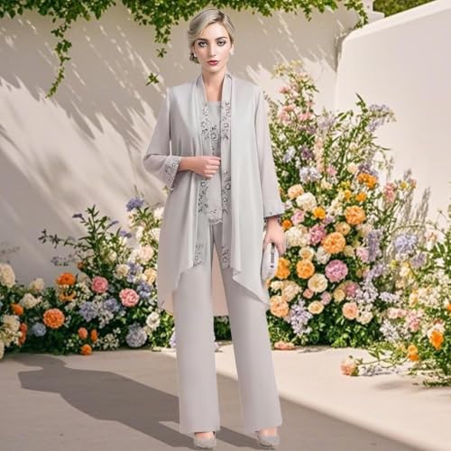 3 Pieces Mother of The Bride Pant Suits - Chiffon Plus Size Wedding Guest Dress Lace Applique Formal Outfit with Jackets2