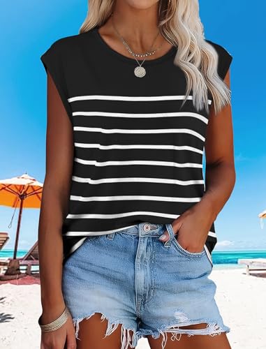 XIEERDUO Womens Tops Dressy Casual Summer Striped Shirts Cap Sleeve Tops Color Block Loose Fit3