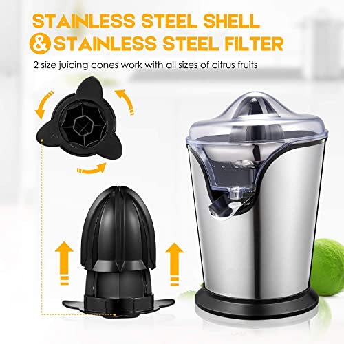 Aiheal Orange Juicer Machine Electric Citrus Juicer with Two Interchangeable Cones Suitable for All Size of Citrus Fruits, Anti-drip Spout and Ultra Quiet Motor, BPA Free, Brushed Stainless Steel