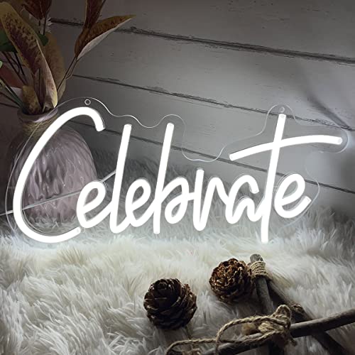 Image of Neon Sign The Celebrate for Wall Decor Custom Light Up Sign Indoor Bedroom Home Decor LED Neon Light Sign Large Backdrop Flex Birthday Wedding Christmas Living Room Business Gift,White 40x18.7 CM
