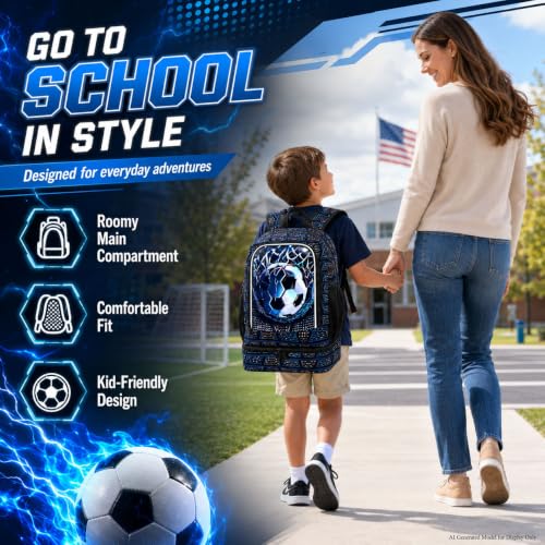 Image of HPJGD 2-in-1 Kids Backpack for Boys, 17 inch Soccer Elementary Bookbag Set with Built-in Lunch Compartment, Water-Resistant School Bag for Preschool - Thrash Net Soccer