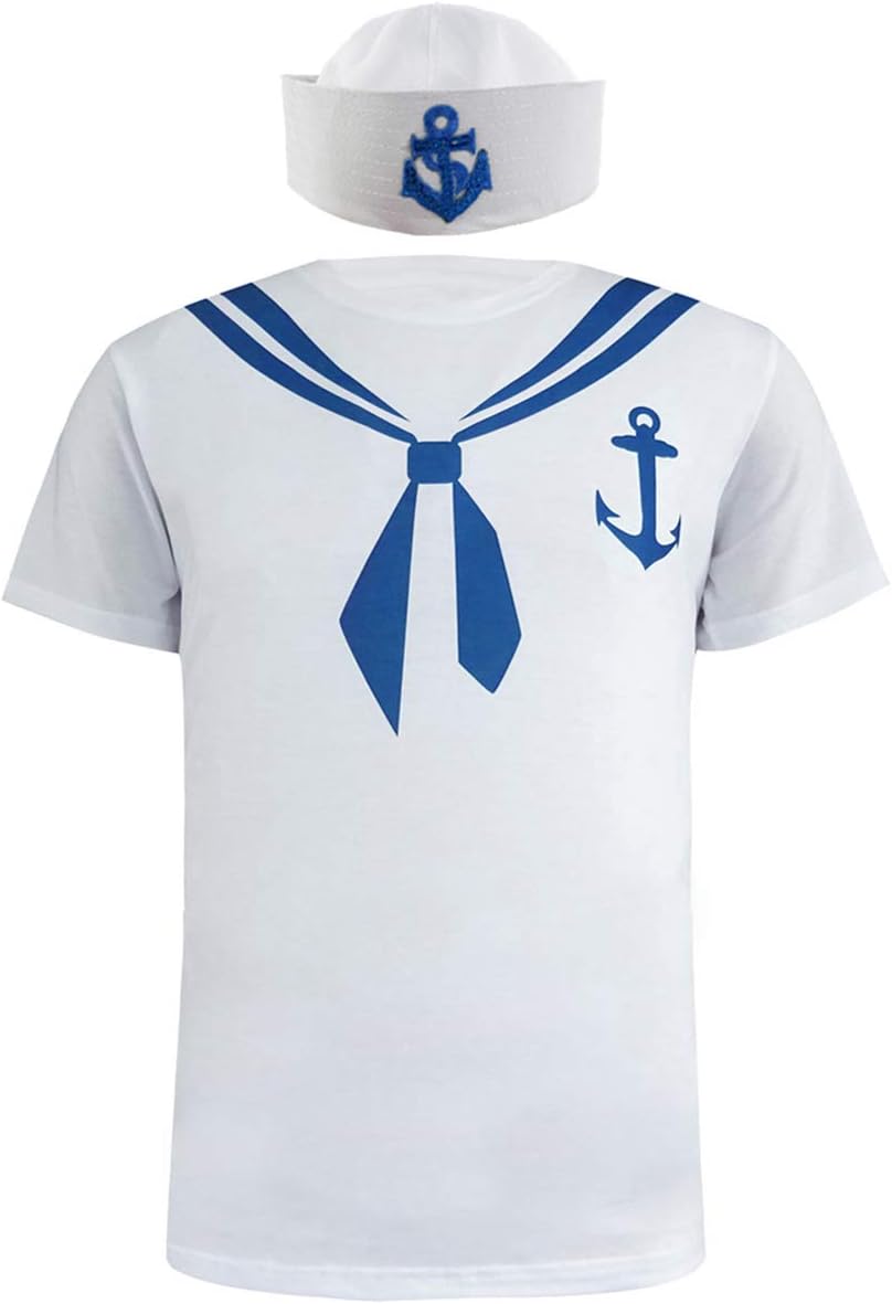 COSAVOROCK Men's Sailor Costume T-Shirts with Hat (XXL, Seaman)