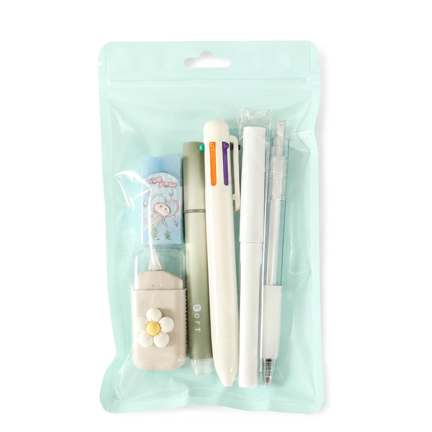 TIHNY White School Stationery Set, Click Gel Pen, Highlighter, Eraser