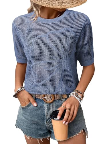 Image of Dokotoo Womens Summer Short Sleeve Crochet Tops Hollow Out Floral Sweaters Beach Vacation Cruise Outfits