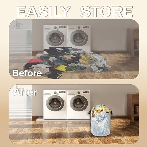 Image of Collapsible Laundry Basket,Coastal Beach Dirty Clothes Hamper,Watercolor Shell Starfish Coral Hampers for Bedroom Waterproof Oxford Cloth Storage Organizer for Bathroom,Nursery,Dorm,16x20 Inch
