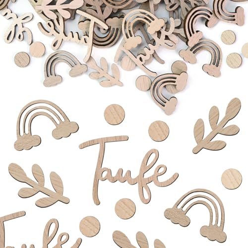 qingmeng Taufe Deko, 80 Stück Kommunion Deko Konfetti Holz Firmung Deko Tischdeko Taufe Mädchen Junge Streudeko Regenbogen Babyparty Shower