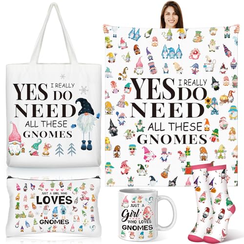 Potchen 5 Pcs Mothers Day Gnome Gift for Mom with Throw Blanket Canvas Tote Bag Cosmetic Bag Coffee Mug Socks for Women Mom Mama Mommy Women Birthday Gifts from Daughter Son