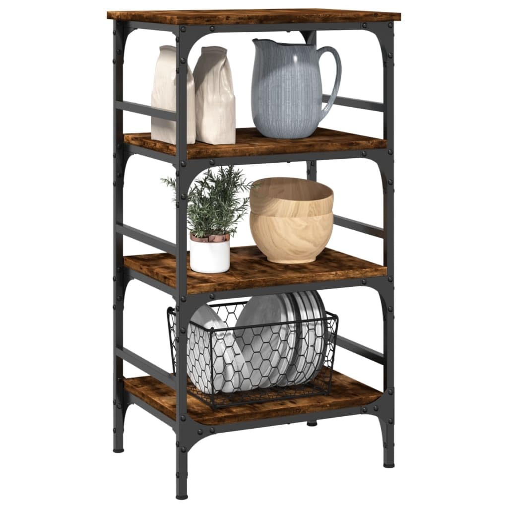 Carro de cocina de roble ahumado de madera y acero, 45 x 35 x 89,5 cm, carro de servicio con ruedas y frenos, espacio de almacenamiento para cocina, salón, baño, estudio