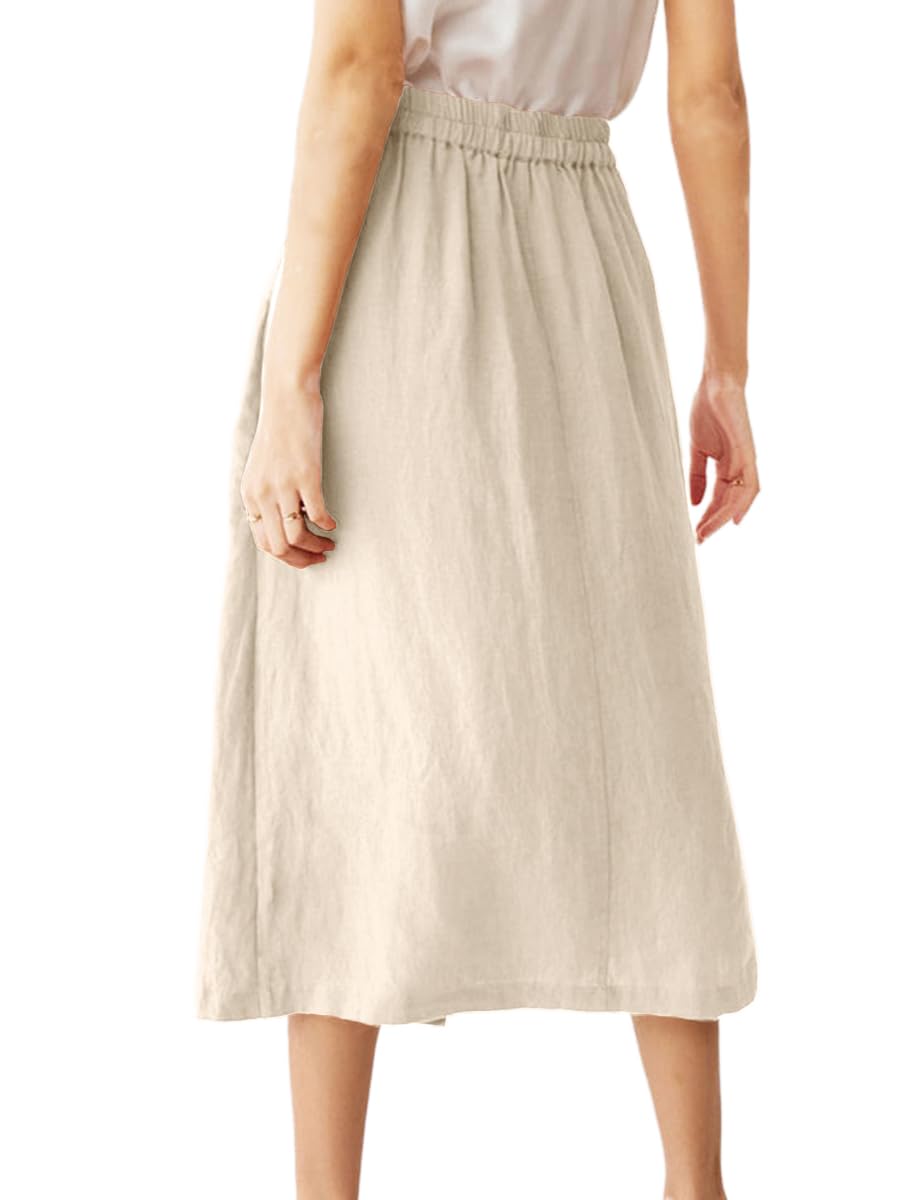 IDEALSANXUN Gonne in lino da donna, estive, casual, in cotone, linea A, elasticizzate, a vita alta, con tasche