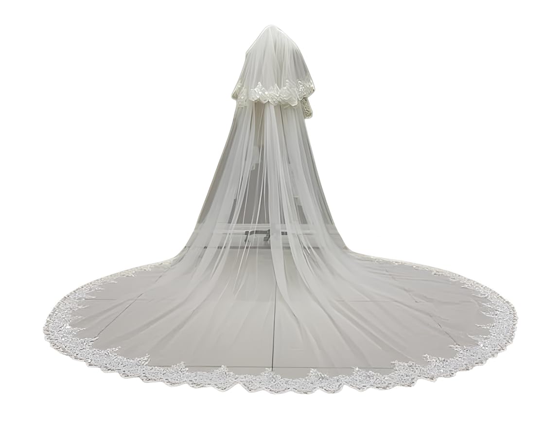 UNIQUE BRIDAL ACCESSORIES: Double layer wedding veil sequence lace work chapel bridal veils with Comb for Women edge easy to weaer it Long Cathedral Veil perfect for a romantic bridal look.-image-41
