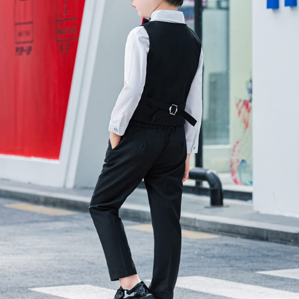Traje de Caballero para Niño Conjunto de Ropa Formal para Ceremonia Boda Fiesta Bautizo Infantil Juego de 4 Piezas Conjunto de Camisa Manga Larga+Chaleco+Pantalones+Corbata de Moño para Chicos
