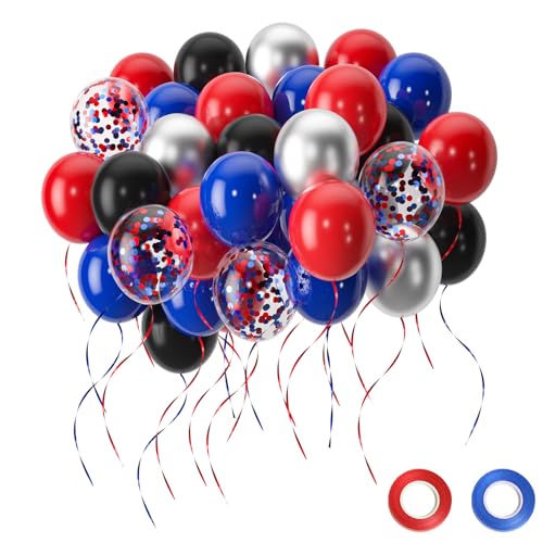 Renjiro Red and Blue Balloons,50pcs 12 Inch Black Red Blue Confetti Silver Latex Balloons for Man Boys Kids Baby Shower Birthday Graduation Party Decorations