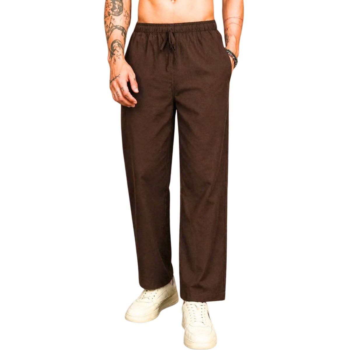 Men's Brown Linen Trouser | Cotton Blend Casual Pants | Lightweight Fabric | Size M-image-45
