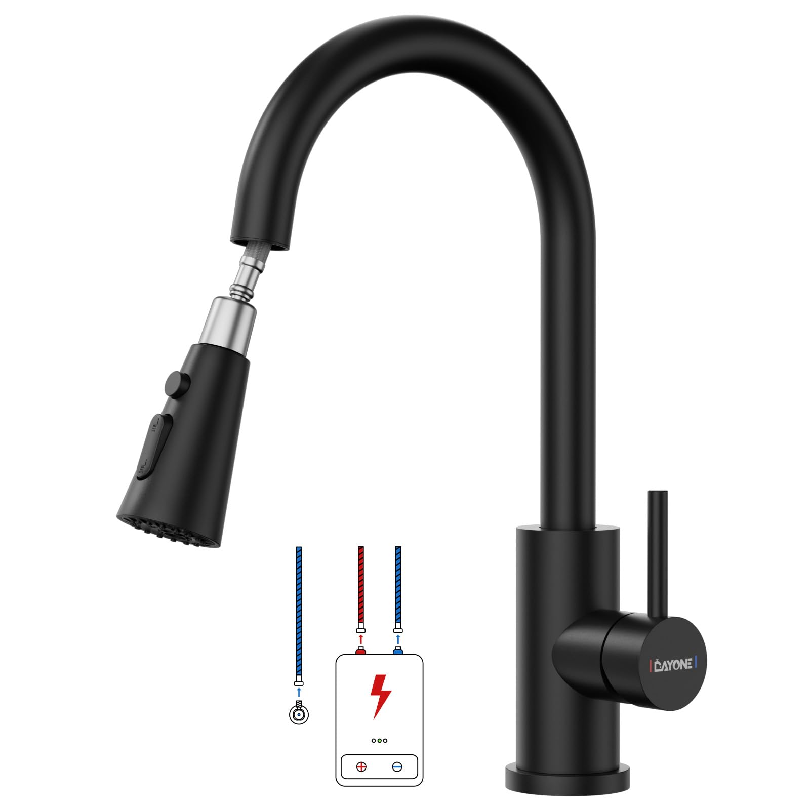 DAYONE Niederdruck Armatur Küche Schwarz, Küchenarmatur Ausziehbar mit 3 Strahlarten, Edelstahl Mischbatterie mit 3 Anschlüssen, 360° Drehbare Wasserhahn Küche, Niederdruck Spültischarmatur für Boiler