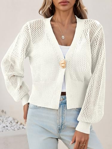 Cicy Bell Womens Cropped Crochet Cardigans Hollow Out Button Down Lantern Sleeve Knit Sweaters Casual Mesh Loose Fit Cover Up2
