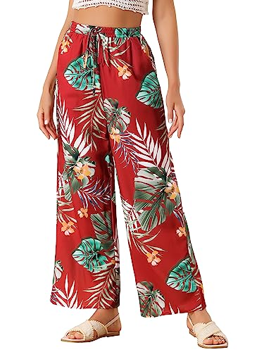 Allegra K Women's Floral Palazzo Elastic Waist Casual Wide Leg Tropical Beach Pants