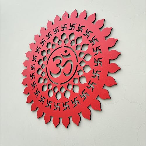 Image of BAPUBEBE Om Round Wall Art Mdf Wooden Frame Om Chakra For Mandir Temple, Living Room, Office, Hotel, Gift Item, Mandala Wall Hanging For House Home Decoration Items Size 12 * 12inch (RED)