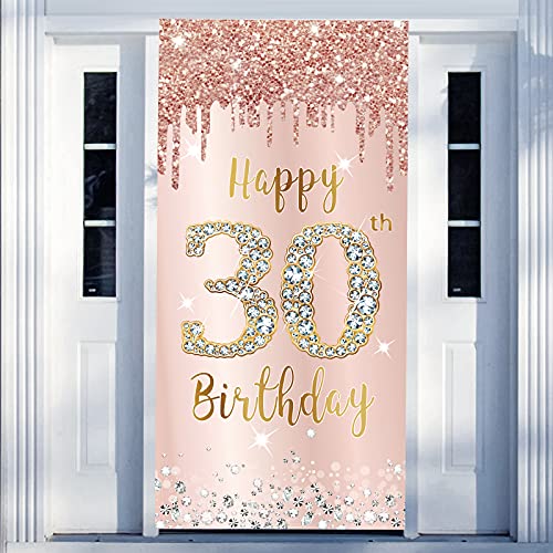 Image of Happy 30th Birthday Door Banner Backdrop Decorations for Her, Pink Rose Gold 30 Birthday Party Door Cover Sign Supplies, Thirty Year Old Birthday Poster Background Decor