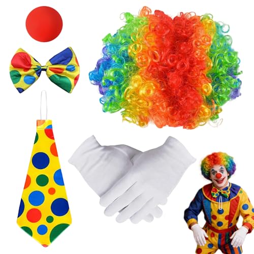MFCGHXR Disfraz de payaso adulto completo, incluye peluca, nariz roja, guantes, corbata y pajarita, ideal para Halloween, fiestas y carnavales