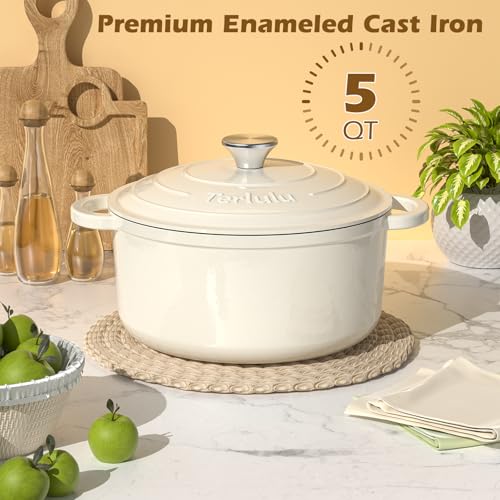 Enamelled Cast Iron Round Casserole Pot with Lid & Cotton Potholders - 26cm 4.75L Non-Stick Dutch Oven - Sturdy Dutch Oven Cookware for Bread Baking, Braising, Stews, Roasting - Cream White, 5QT - Image 4