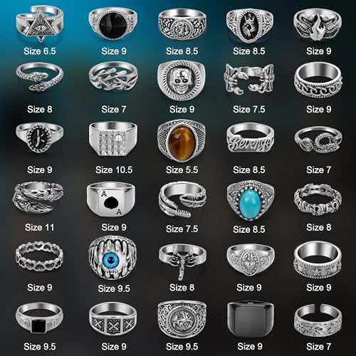 30Pcs Punk Ring for Men Women Cool Vintage Ring Silver Gothic Hippie Knuckle Ring Pack Adjustable Stackable Chunky Snake Skull Eye Ring3