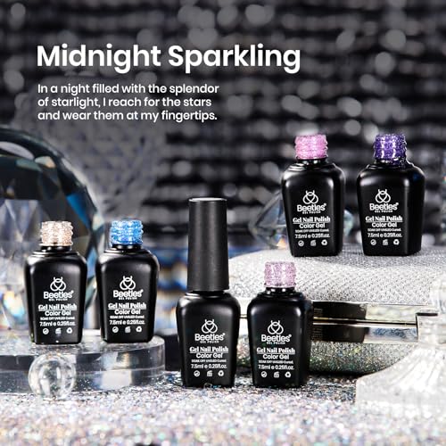 Image of Beetles Reflective Glitter Gel Nail Polish Kit Gel Polish 6 Colors Holographic Sparkle Flash Dimond Sliver Gold Soak Off UV LED Manicure Gift for Women Girls Midnight Sparkling