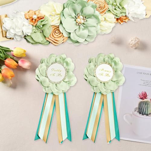 3Pcs Maternity Sash Mother To Be & Daddy To Be Set, Green Flower Sash Belly Belt Decoration for Mommy, Pregnancy Sash Expectant Parents Gender Reveal Party