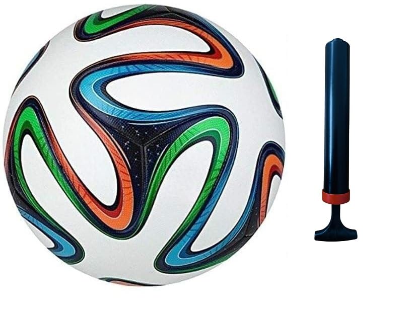 Hanzu Four Colour Brazu-2014 Football for All Ages Suited for The Grass Fields | PU | Suitable for Grass |Practice Ball | Soccer Ball | for Men/Women | Football Size - 5 (with Pump), Multicolour