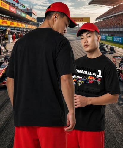 Image of Khakey Men's F1 Racing Graphic Printed Black T-Shirt | Formula 1 Back Print Drop Shoulder Tee | Motorsports Car Print Tshirt for Men & Women | Cotton Streetwear Tee's | Unisex Fit