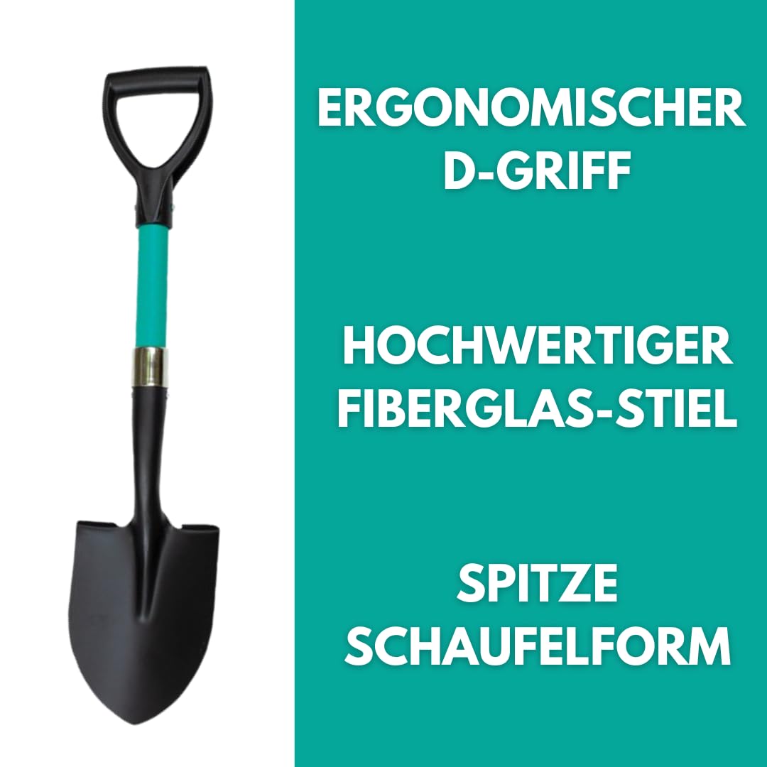 Pionierspaten 70cm mit Fiberglas Stiel, Spaten Gartenspaten Spitzspaten, Auto-Spaten, D-Griff, kleine Schaufel Grabspaten, universelles Gartengerät