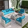 7 piece outdoor patio furniture set with 5 high resiliency seat cushions light grey gradient wicker sectional sofa modular wicker patio conversation set with coffee table greylake blue  urban country home decor