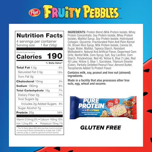 Image of Pure Protein Fruity PEBBLES Protein Bars - 20g Protein, 3g Sugar, 190 Calories (4 count) Low Sugar* High Protein Snack - Gluten Free - Perfect for a Healthy Snack.