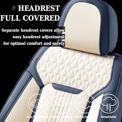 Image of Coverado Front Seat Covers, Leather Car Seat Cover, Waterproof Car Seat Protector, Driver Seat Covers Car Seat Cushion Universal Fit for Most Cars, Blue&White