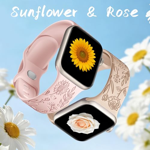 Image of SNBLK 6 Pack Floral Engraved Bands Compatible with Apple Watch Bands 40mm 41mm 42mm 38mm 44mm 45mm 46mm 49mm Women Men, Silicone Flower Pattern Strap for iWatch Series 11 10 Se Ultra 9 8 7 6 5 4 3 2 1