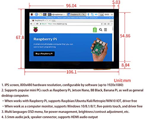 Image of waveshare 4.3inch HDMI LCD 800x480 IPS Capacitive Touch Screen HDMI Interface Support All Version Raspberry Pi 4B /3B+ /3B /2B /Zero /Zero W /Zero WH,Jetson Nano BB Black Banana Pi Windows 10 /8.1 /8 /7