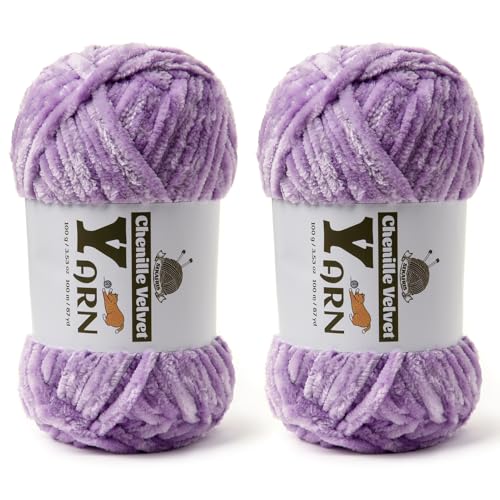 Image of 2 Pack Plush Chenille Chunky Yarn - Fluffy Velvet Yarns Crochet for Blanket Knitting and Crocheting - Soft Baby Yarn for Crocheting - Amigurumi Crochet Yarns 100g (87yds) (2 Pale Purple)