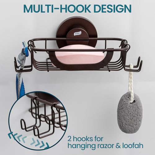 Image of TAILI Soap Holder, Soap Dish Suction Cup with Hooks, Stainless Steel, Brown | Soap Dish for Shower, Bathroom Bar soap holder Shower Wall, Stainless Steel Sponge Holder for Tub Kitchen