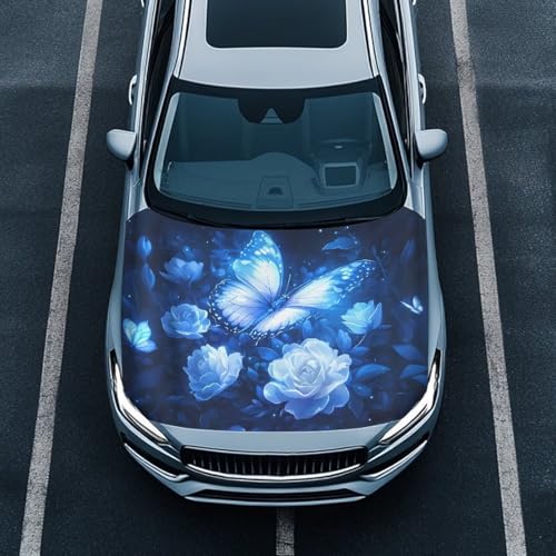 Image of Blue Bling Butterfly Car Hood Cover Polyester Elastic Fabrics Washable Suitable for Large SUV and Pickup Trucks 39x59in