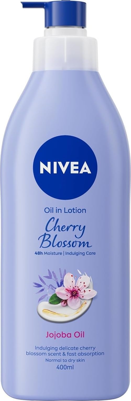 NIVEA Oil In Lotion Cherry Blossom & Jojoba Oil (400ml), Replenishing Body Lotion with Floral Cherry Blossom Scent & Pampering Jojoba Oil, Long-Lasting 48H Moisturising Cream, NIVEA Body Lotion